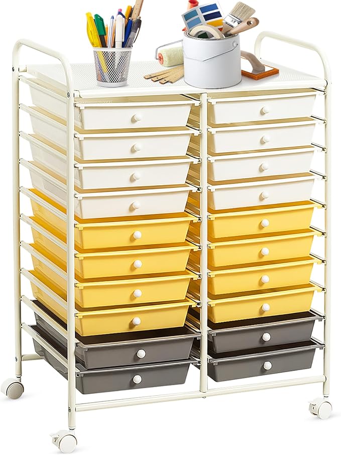 20 Drawer Rolling Storage Cart, Art Cart Organizer with Wheels for Makeup, Tool, Paper, Multipurpose Craft Storage Cart with Drawers for Office, Home, Classroom, Teacher, School (Yellow)