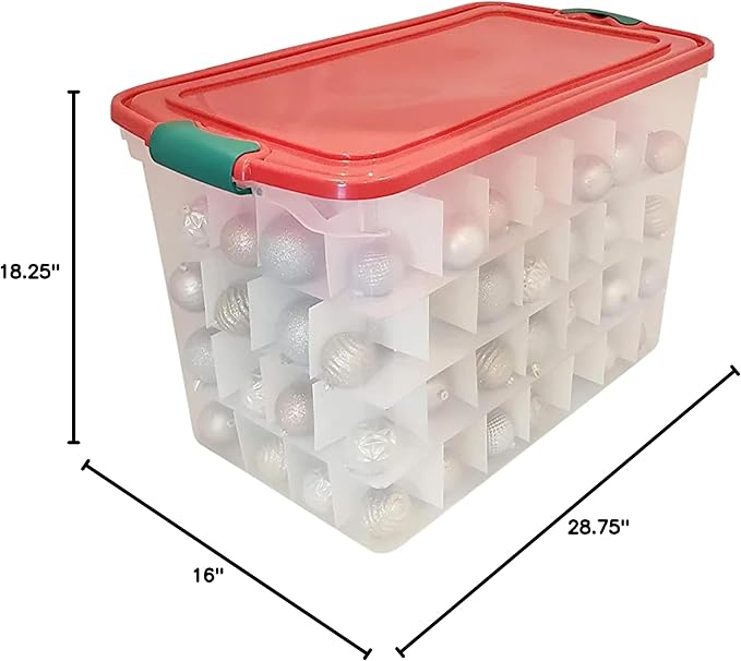 HOMZ 2-Pack Holiday Tote, Clear Plastic Storage Bins w/Lids & Dividers, 112 Quart, Red - Stackable Organizing Containers for Christmas Ornament Decorations, Gift Wraps, and Crafts