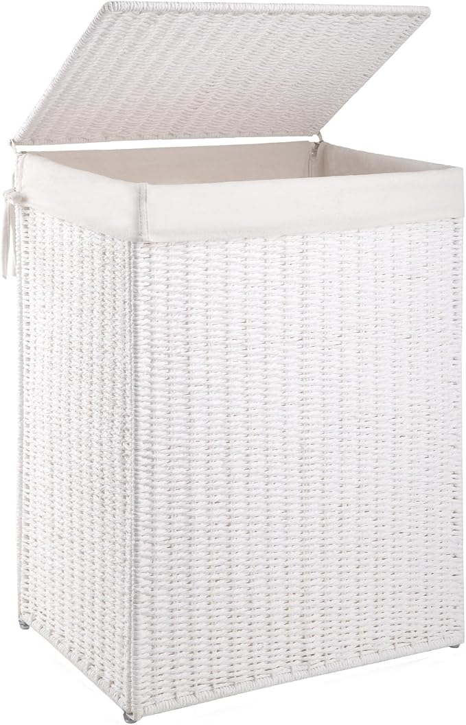 OIAHOMY Laundry Hamper with Lid, 90L(23.8 Gal) Large Wicker Laundry Basket for Bedroom, Handwoven Paper Rope Clothes Hamper with Washable Liner & Metal Frame, Decorative Organizer for Bathroom White