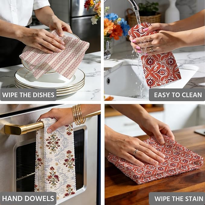3 Pcs Retro Flower Kitchen Towels, Colorful Flower Soft Absorbent Hand Tea Towel, Microfiber Dish Cloths for Drying Dishes, Waffle Dish Towels for Kitchen Farmhouse Decor, Floral Gifts for Women Mom01