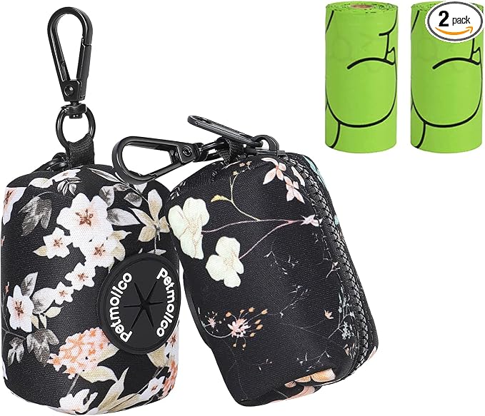 Petmolico Dog Poop Bag Holder Dispenser 2 Pack, Yellow White Blooming | Zippered pouch fits any leash, includes free roll of bags, lightweight & portable for daily walks, travel & outdoor use