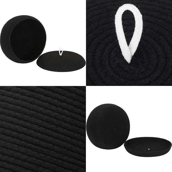 Sea Team Round Woven Cotton Rope Storage Basket with Lid, Black | Lidded Knitted Decorative Storage Bin, Pot, Caddy, Organizer, Container for Snacks, Towels, Plants, 13 x 5.5 Inches