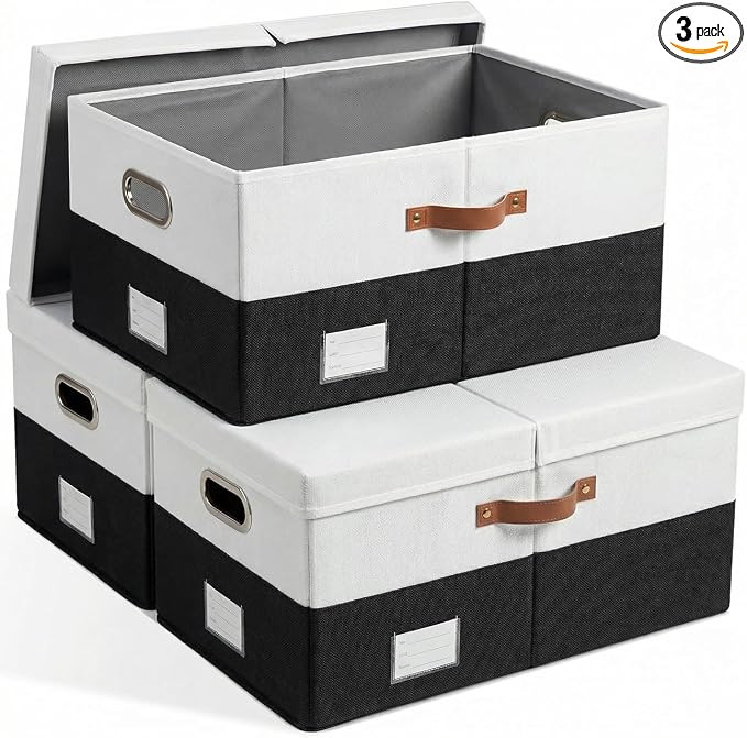 Storage Bins with Lids [3-Pack] Linen Fabric Foldable Storage Boxes Organizer Containers Baskets Cube with Cover for Bedroom Closet Office Grey&Black (23.4X15.9X11.4)