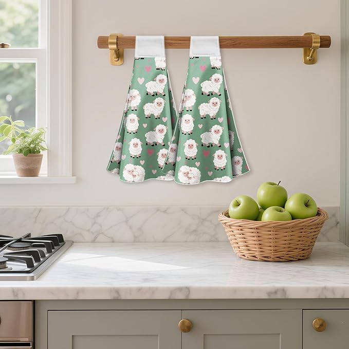 CUTHOLLOW Sheep and Loving Heart Hanging Kitchen Towels with Loop, Set of 2 - Soft & Super Absorbent Microfiber Decorative Hanging Dish & Hand Towel, Tea Coffee Towel for Kitchen Bathroom Oven Handle