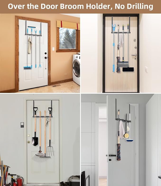 Broom Holder Over The Door with Hooks -304 Stainless Steel (Space grey) | Save Space, Anti-Rust & Sturdy, Mop and Broom Holder Wall Mounted or Hanging Over The Door, for Garage Laundry Kitchen