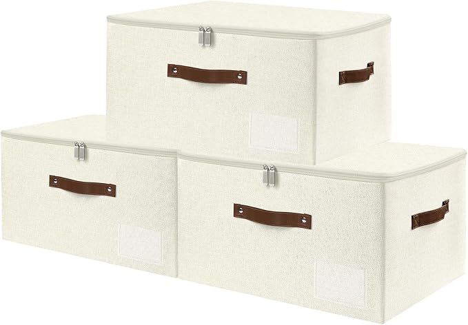 ANMINY Storage Box Fabric Bins with Zipper Lid, 17.7"x13.8"x10" Beige, 3PCS | Keepsake Box, Decorative, Cotton Linen, Reinforced PP Board Frame, Washable, Stackable & Foldable, Label Holder & PU Handles