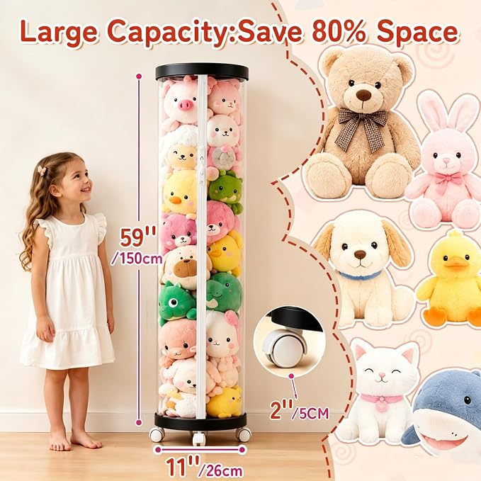 Large Stuffed Animal Storage Tube with Wheels, Tall Toy Organizer with Double Zipper, WhiteClear PET Cylinder Container for Plush Toy Organization, Space Saving Kids Room Storage,Black