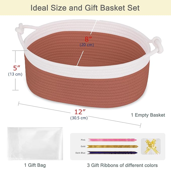 Small Empty Gift Basket with Bag & Ribbons, White&Autumn Glaze | 12“x8”x5”, Cotton Rope Woven Basket for Birthdays, Baby Showers, Mother's Day, Christmas; Stores Small Items, Kids & Pet Toys