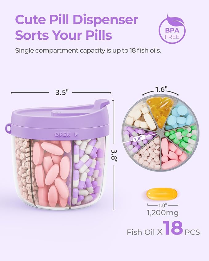 AMOOS Cute Pill Dispenser with Anti-Mix Design, 7-Slot, BPA-Free, Patented | Portable Travel Pill Organizer, Wide Mouth for Easy Access, Pill Bottle Organizer for Vitamins, Fish Oils, Supplement, Purple