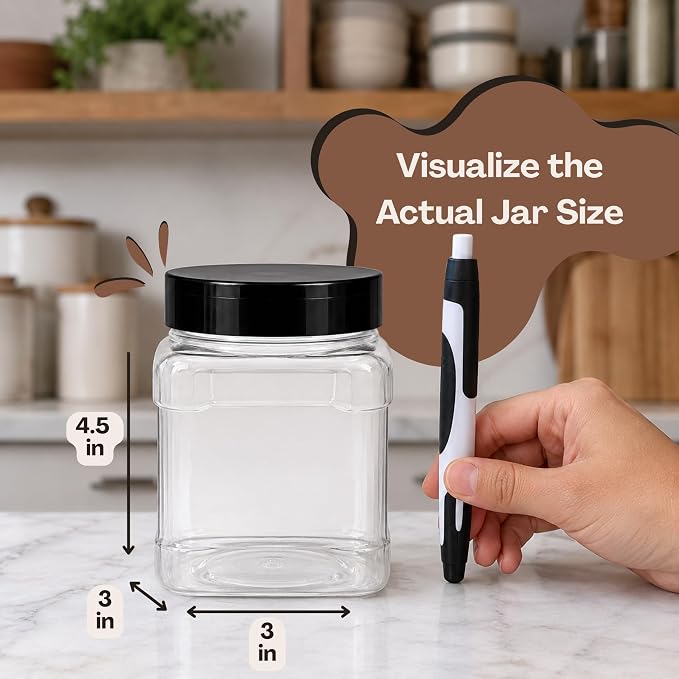 Pride of India 16 Fl Oz Clear Storage Jar with Dual Opening Lid | Food Grade PET Plastic Square Grip Jar | Reusable Organizer for Kitchen, Pantry, Coffee, Spices, Snacks, Crafts | 1-2 Cup Capacity