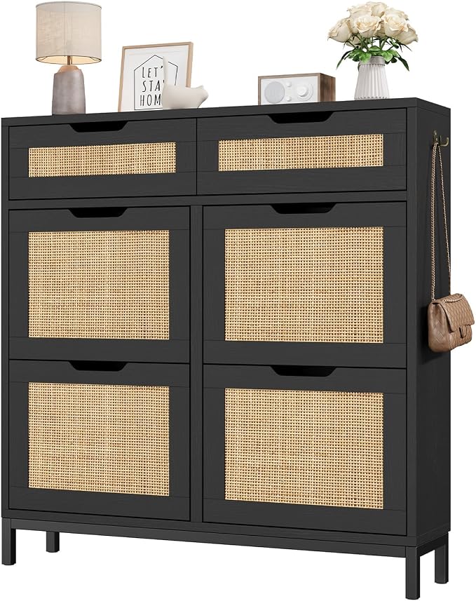 Jocoevol Rattan Shoe Cabinet for Entryway with 4 Flip Drawers and 2 Drawers, Narrow Freestanding Shoe Storage Cabinet with Metal Legs for Entryway/Hallway/Foyer (Black)