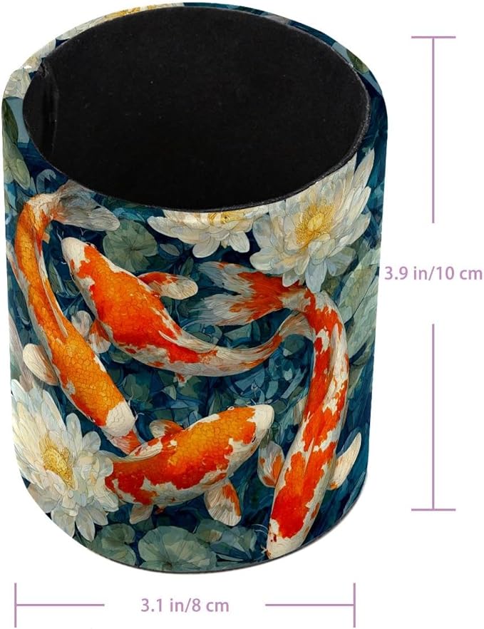 Faux Leather Pen Holder for Desk, Pencil Organizer Lucky Fish Pen Cup Desk Decor Makeup Brush Holder Storage for Office Home