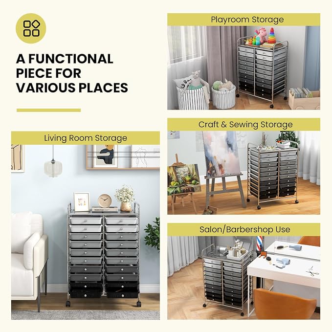 20 Drawer Rolling Storage Cart, Art Cart Organizer with Wheels for Makeup, Tool, Paper, Multipurpose Craft Storage Cart with Drawers for Office, Home, Classroom, School (Gradient Grey)