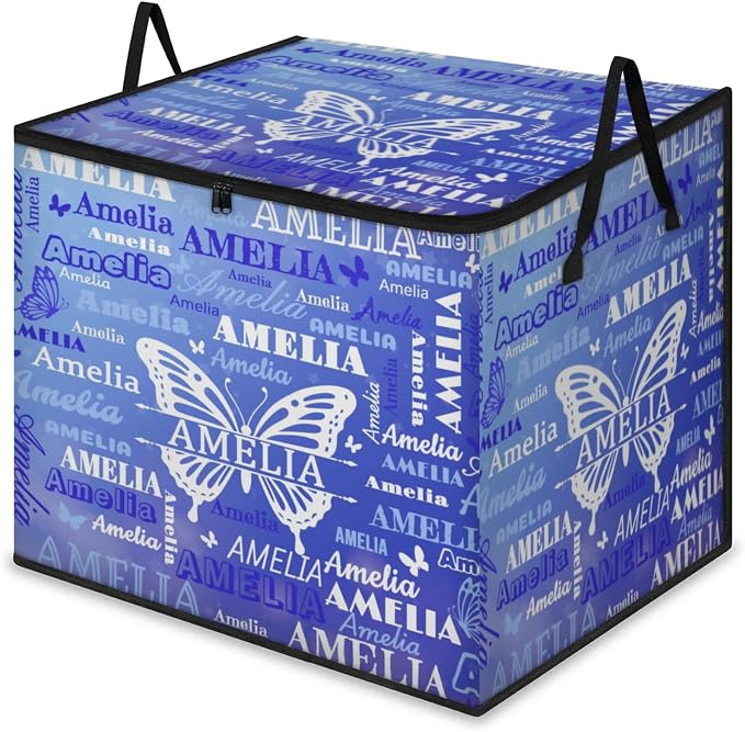 Custom Storage Baskets Cubes for Home with Name, Large Foldable Organizer Collapsible Storage Bins for Home Blanket Comforters Clothes Closet Nursery, Gradient Blue Butterflies