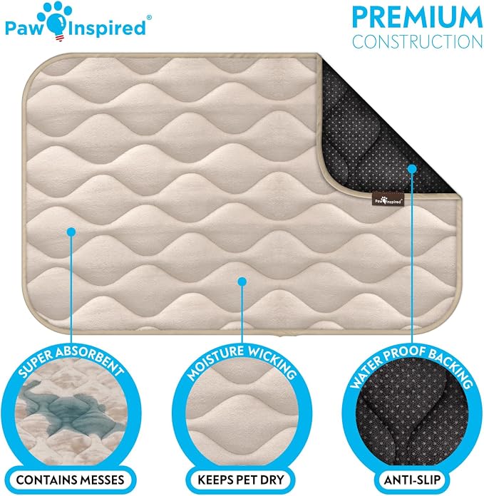 Paw Inspired Washable Padded Crate Mats for Dogs, Beige, 29x18 Inch | Fits 30-inch Kennels, Leakproof, Waterproof Bottom, Plush Dog Pad, Pet Bed
