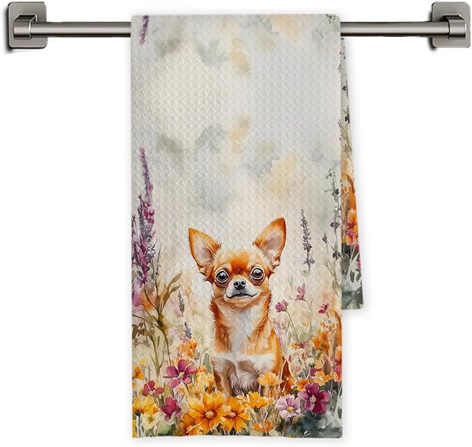 Chicimln Wildflower Chihuahua Dog Kitchen Towels, Chihuahua Gifts for Women Men Decorative Hand Towels for Bathroom, Dog Lover Gifts Dish Tea Towel Drying Cloth for Kitchen Decor, 16x24 Inch