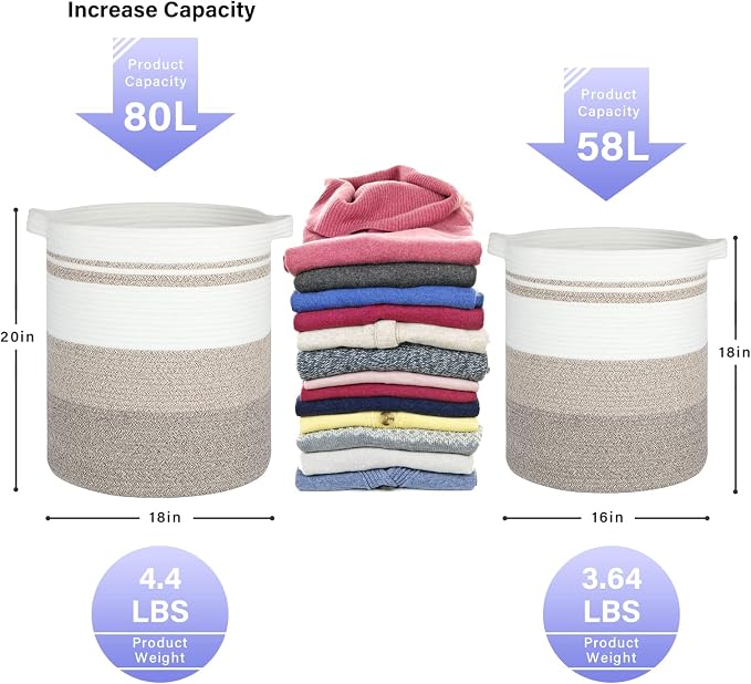 OIAHOMY 58L Laundry Baskets-Laundry Hamper, Storage Basket with Handles, Decorative Basket for Living room, Woven Storage Basket for Toys Bin, Pillows, Blankets, Clothes-18x16in-Gradient Brown | Tall Dirty Clothes Hamper with Handle,Blanket Basket,Deco...