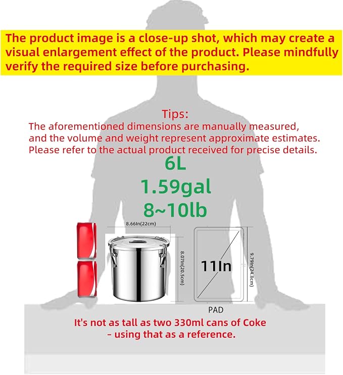 stainless steel food storage containers with lids lock clips airtight container large airtight for rice flour sugar grain coffee bean storage containers Kitchen jar (1.59gal/6L)
