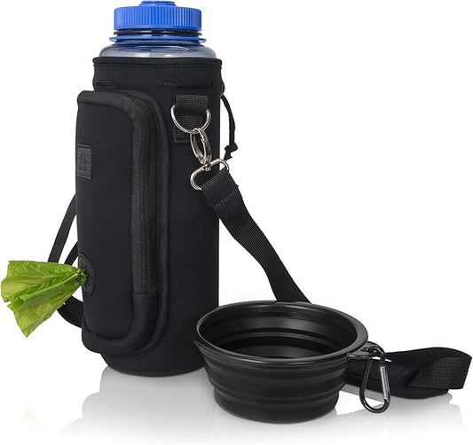 Made Easy Kit Water Bottle Carrier with Pocket for Dog Poop Waste Bags and Adjustable Padded Shoulder Strap (Tall & Large (40oz) with Bowl, Black)