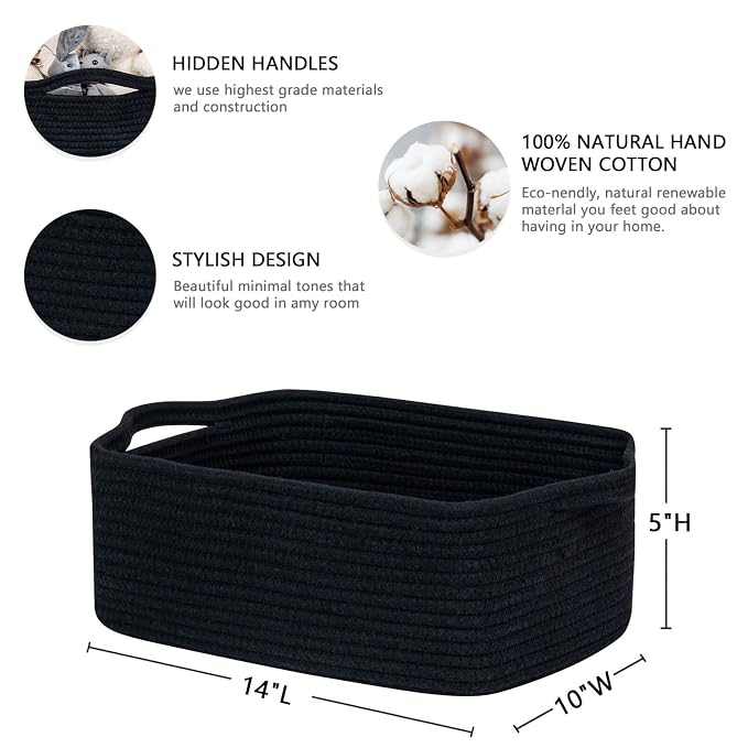 CubesLand Cute and Durable Small Cotton Rope Basket for Organizing | Woven Closet Storage Bin,Shelves Closet Storage Basket, Bathroom Storage Organizer Bin, Nursery Toy Basket Bin, Black Basket
