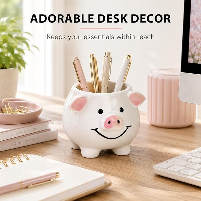 Ceramic Pig Shaped Pen Pencil Holder for Desk Decoration Accessories Pig Decor Makeup Brush Pen Cups Succulent Plant Pot Office School Ideal Gifts for Women, Mom or Birthdays