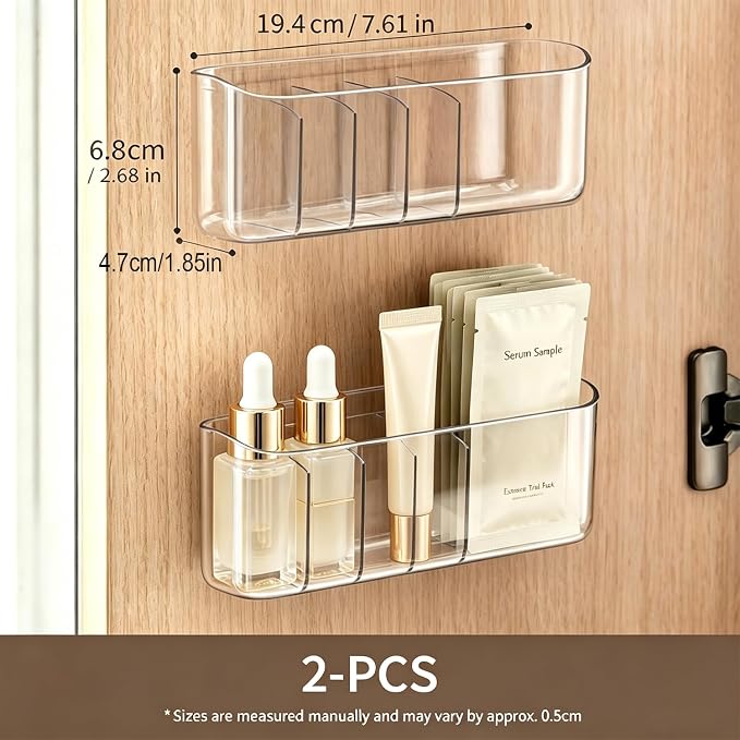 2PCS Clear Inside Medicine Cabinet Door Organiser, Small Bathroom Organizer Adhesive Wall Mounted Storage Compartment Holder for Lipstick,Small items