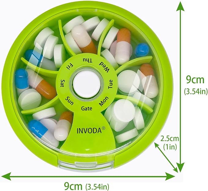 INVODA Weekly Pill Organizer 7 Compartment Rotating Pill Box for Daily | Cute Round Pill Organizer Fit purse pocket or backpack Portable Travel Pill Case for Fish Oil Supplements Vitamins Medication