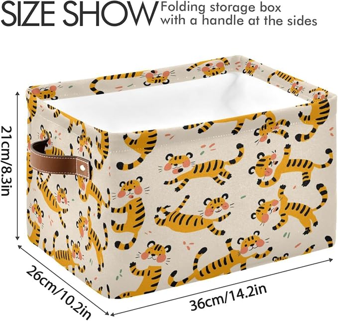 Cute Tigers Storage Basket with Handles Collapsible Canvas Storage Bin Toy Decorative Basket Closet Organizer for Nursery Bedroom Home
