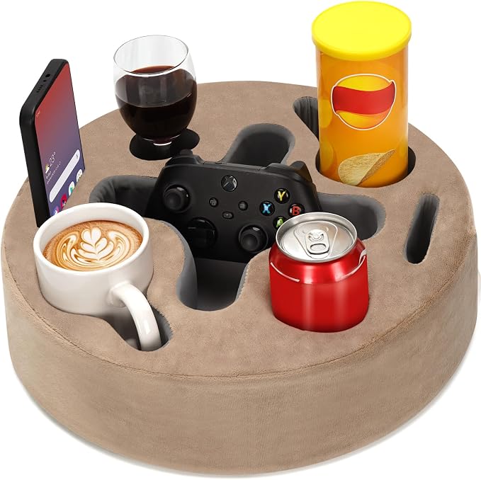 INNO STAGE Couch Cup Holder Pillow | Sofa Caddy Buddy Cupholder Organizer, for Bed Rv Tv Car Man Cave Remote Snacks Drink, Gift for Couch Potato, Light Brown