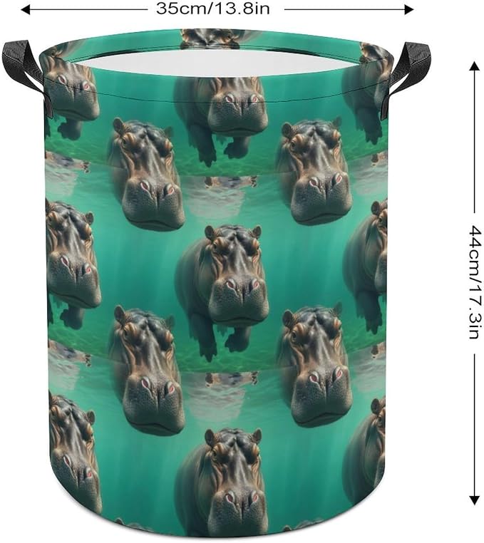 Collapsible Laundry Hamper with Handles Diving Hippo, Large Waterproof Clothes Basket for Bedroom, Bathroom, and Toy Storage Organization