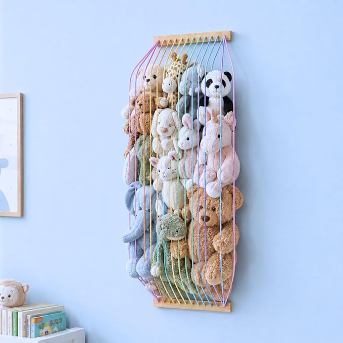 Stuffed Animal Storage Wood Soft Toy Organizer for Kids Room，Cute and Durable Wall or Door Mount Length Adjustable Hanging Stuffed Animal Toy Organizer Shelf for Nursery Play Room Rainbow -Patent