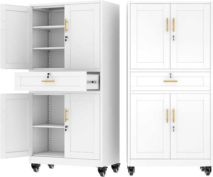 Ckzbx Metal Garage Storage Cabinet with Locking Drawers and Adjustable Shelves,71" H Rolling Tool Storage with Wheels for Garage,Office (White)