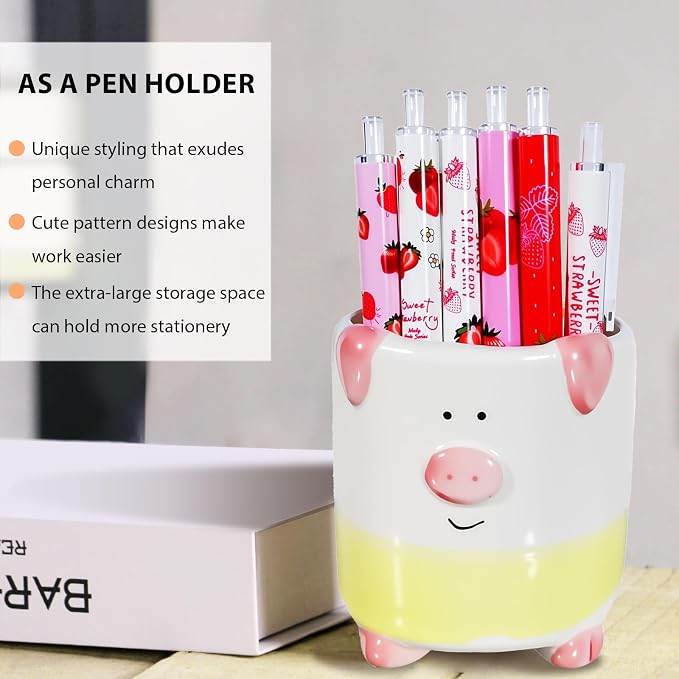 Ceramic Pig Shaped Pen Pencil Holder for Desk Decoration Accessories Pig Decor Makeup Brush Pen Cups Succulent Plant Pot Office School Ideal Gifts for Women, Mom or Birthdays