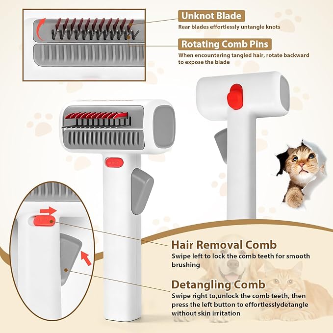 2-in-1 Pet Self-Detangling Grooming Comb - Professional Deshedding Tool for Dogs & Cats - Gentle Undercoat Rake & Brush for All Fur Types - Effectively Removes Mats, Tangles & Loose Fur (1 Pack)