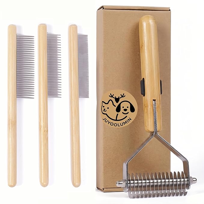 Bamboo 4-in-1 Cat Brush for Long Haired Cats, Professional Cat & Dog Deshedding Comb, Undercoat Rake Dematting Tool for Matting & Shedding, Complete Pet Grooming Kit for Indoor Cats