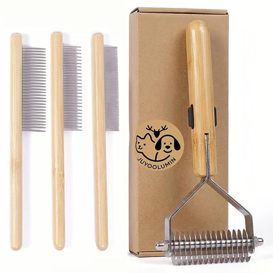 Bamboo 4-in-1 Cat Brush for Long Haired Cats, Professional Cat & Dog Deshedding Comb, Undercoat Rake Dematting Tool for Matting & Shedding, Complete Pet Grooming Kit for Indoor Cats