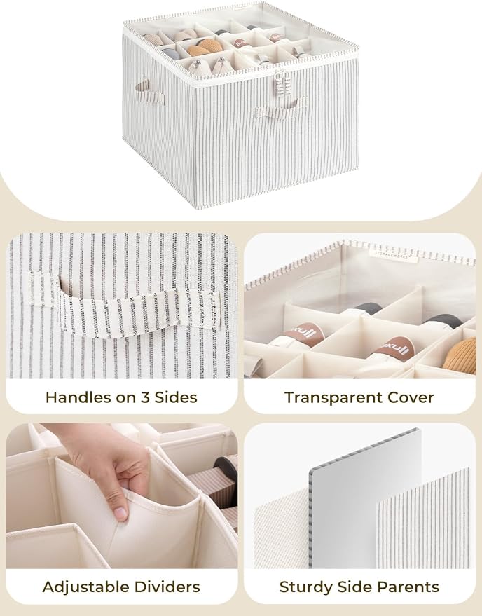 StorageWorks Shoe Organizer for Closet, Fits up to 16 Pairs, Shoe Cubby Storage Containers with Adjustable Dividers and Clear Cover, Khaki and Beige Stripes | Adjustable Dividers, Holds up to 16 Pairs, Foldable, Clear Lid, Soft Handles, Fits Sneakers, ...
