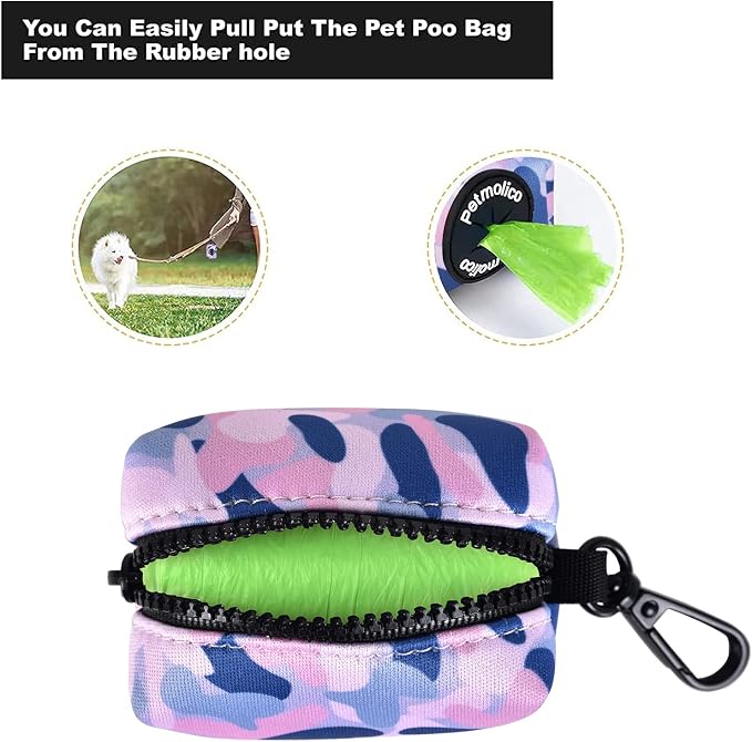 Petmolico Dog Poop Bag Holder Dispenser 2 Pack, Blue Pink Camouflage | Zippered pouch fits any leash, includes free roll of bags, lightweight & portable for daily walks, travel & outdoor use