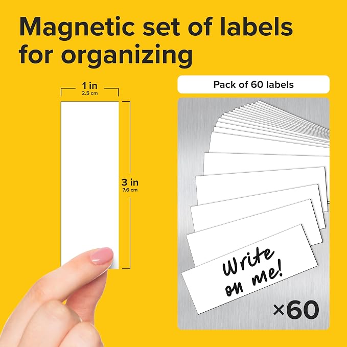 X-bet MAGNET Dry Erase Magnetic Labels, 1x3 (2.5x7.5cm), 60 pcs, White | Reusable Write-On Magnet Stickers for Fridge, Whiteboard & Classroom, Erasable Blank Labels & Sticky Notes
