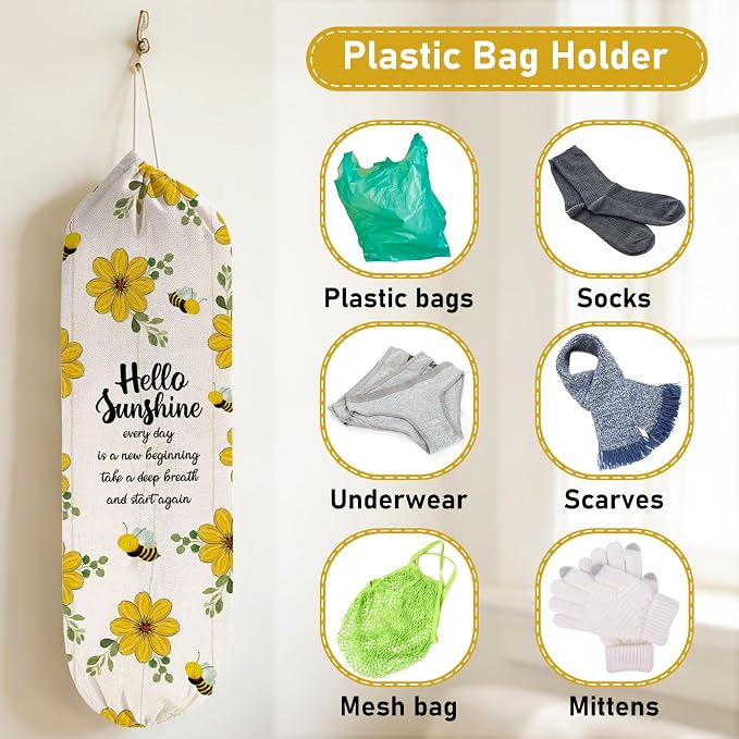 2Pcs Sunflower Plastic Bag Holder for Kitchen Essentials, Reusable Hanging Grocery Bag Organizer, Sunflower Gifts for Women, Washable Large Grocery Trash Bags Storage Dispenser