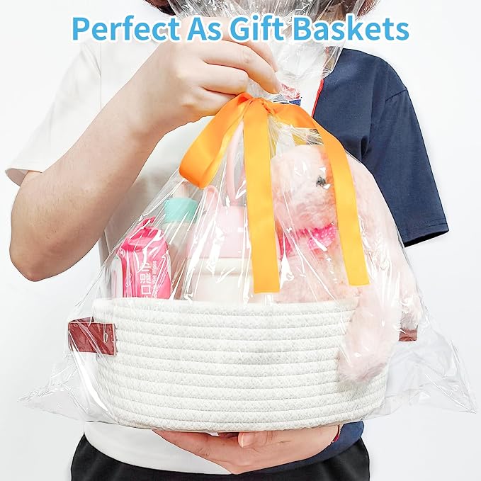 ABenkle Small Woven Basket, Mini Cotton Rope Storage Tiny Shelf Oval Decorative Toy Dog Cat Bin for Nursery, Empty Gift Basket with Gift Bags and Ribbon - White