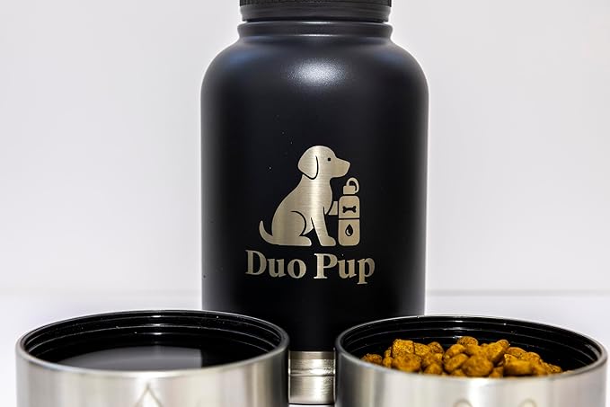 DuoPup 32oz Insulated Stainless Steel Pet Water & Food Bottle – Portable Leak-Resistant Dispenser with Two Detachable Bowls & Carrying Strap – Travel, Hiking & Outdoor Pet Hydration – White