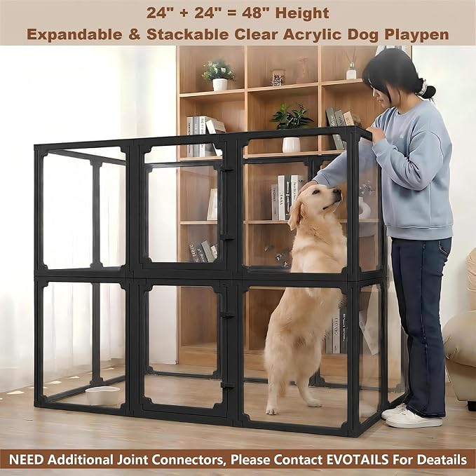 FlexiSpace Adjustable Clear Dog Play Pen, Expandable & Stackable Acrylic Dog Playpen, ONLY Dog Play Pen Indoors Grow with Your Pet Puppy Playpen (Black, 34", 12 Panels)