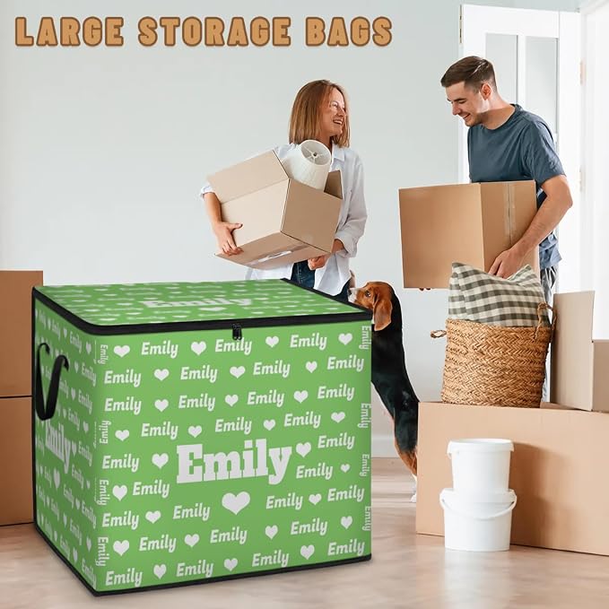 Custom Extra Large Storage Baskets Named with Lid, Personalized Storage Bins Basket Boxes Handles for Clothes Blanket Bedroom Closet Organizing Toys Shelves, Light Green Background Love Hearts