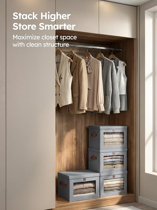 Medium Fabric Storage bins - Collapsible Storage Bins with Open Window, 4 Pack Closet Baskets for Shelves, Stackable Decorative Boxes for Home, Dorm, Grey, 13.7"x 9.8" x 9.8"