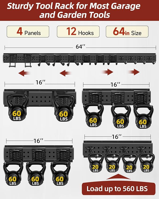 Garage Tool Organizer Wall Mount, 64in Tool Rack, 560LBS Capacity | Thick Steel, 12 Hooks in 4 Types, Rustproof Waterproof, Soft Anti-Scratch Hooks, With Storage Straps, For Garden Tool Storage