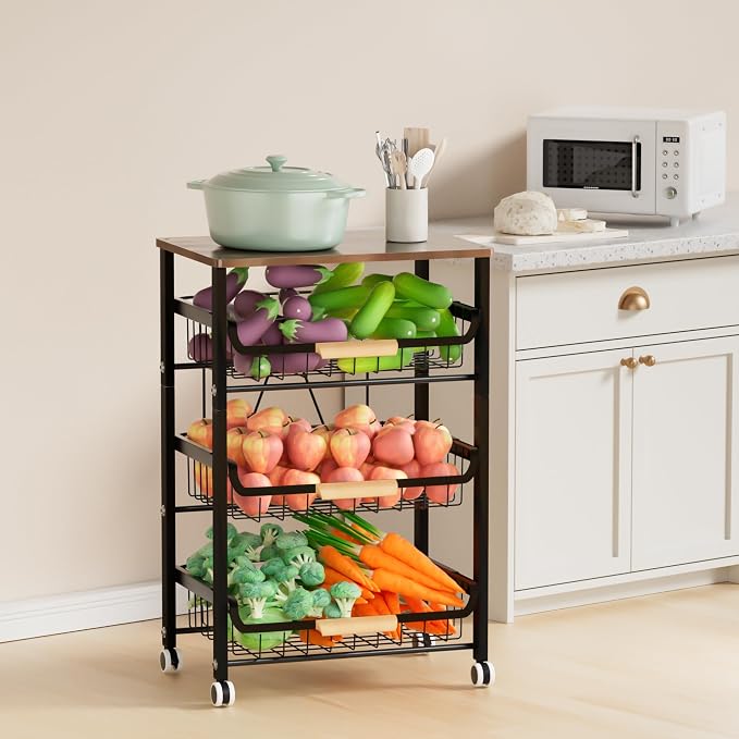 Fruit Vegetable Basket for Kitchen,4 Tier Pantry Organizers and Storage,Snack Organizer for Countertop,Pantry Cart,Metal Wire Storage Shelf Organizer Baskets for Kitchen, Pantry, Bathroom