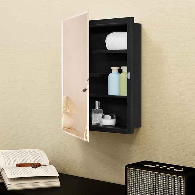 Black Metal Medicine Cabinet With Mirror, 16 x 20 Recessed Bathroom Storage | Recessed or Surface Mount Beveled Mirror Cabinet with Adjustable Staggered Shelves, Piano Hinge, Reversible Door, Powder Coat