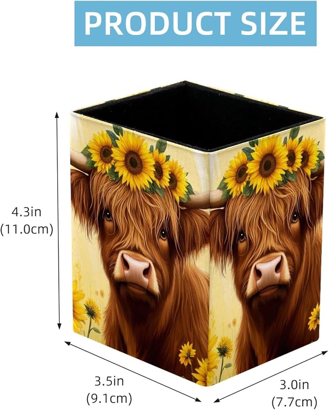 Sunflowers and Highland Cow Pen Holder for Desk Decor, Rectangular PVC Leather Pencil Cup for Desk Pen Organizer, Makeup Brush Holder for School, Home, Office