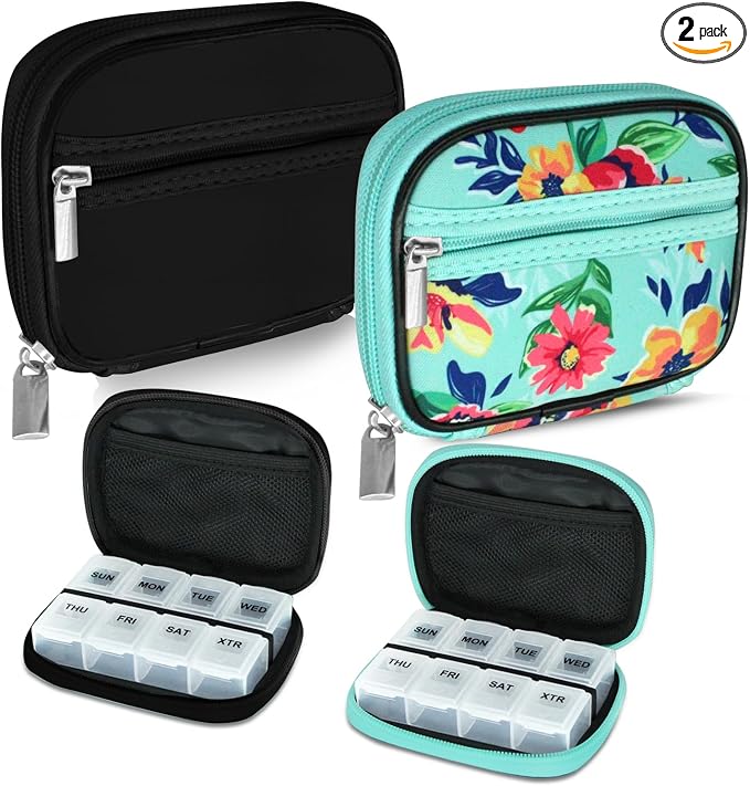 Serfeymi Weekly Travel Pill Organizer Pill Case for Purse with Removable 7 Day Pill Box, Fashionable Travel Medicine Organizer Pill Container for Medicine, Vitamin, Supplement - Black 01 + Green 01